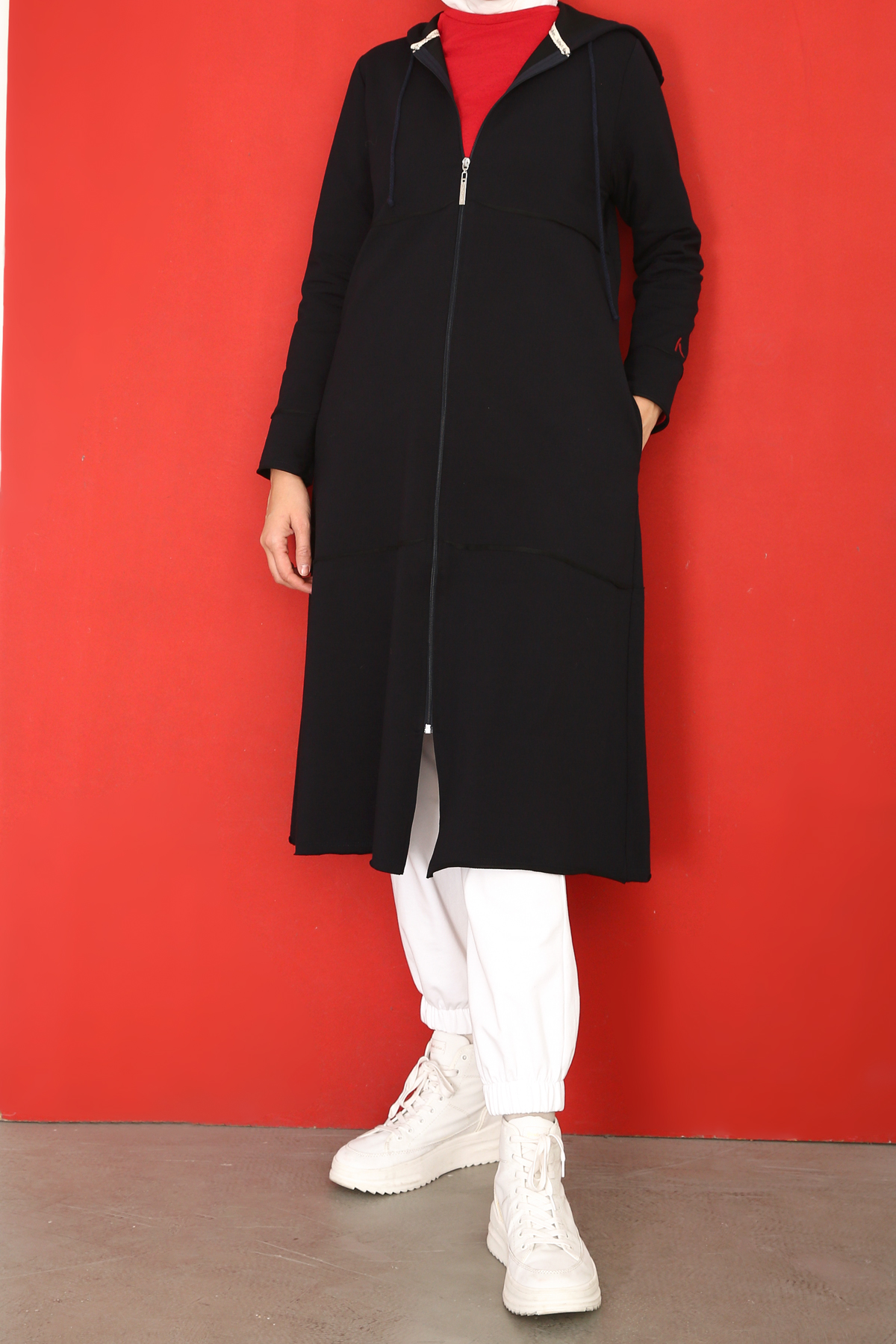 Women's Hooded Zipper Navy Blue Cardigan