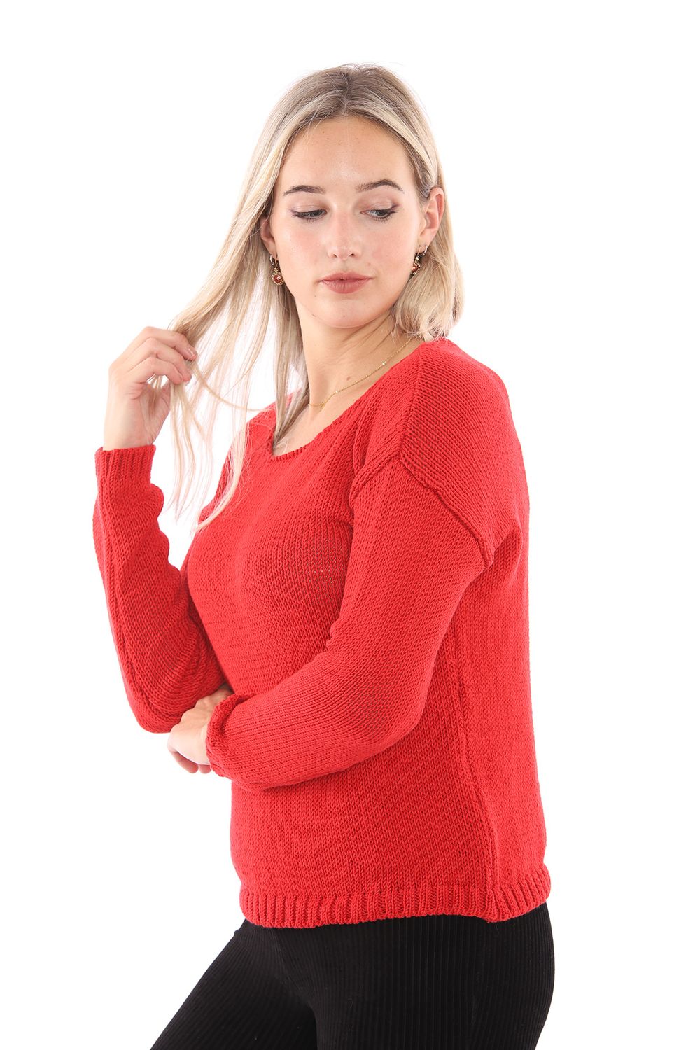 Women's Crew Neck Red Cotton Acrylic Sweater