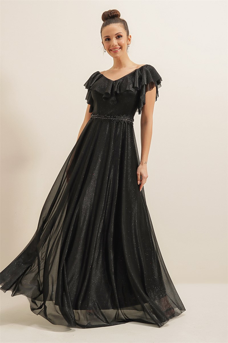 Women's V Neck Frill Glitter Black Evening Dress